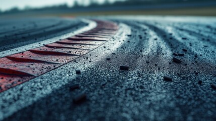 Wall Mural - this close-up shot captures the intricate details of an empty f1 track. the wet asphalt glistens, hi