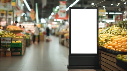 Aufkleber - Blank digital display mockup in busy supermarket produce aisle for showcasing promotions and product information