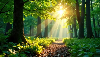 Wall Mural - Bright sunlight streams through leaves, dappling the forest floor in radiant light , vibrant, botany