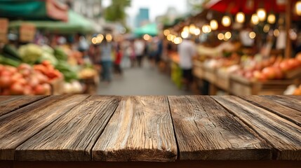 Poster - Blurred outdoor farmers market background with an empty wooden table for product placement