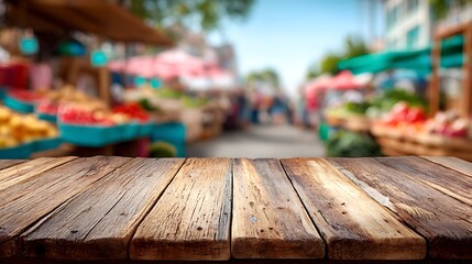 Poster - Blurred outdoor farmers market background with an empty wooden table for product placement