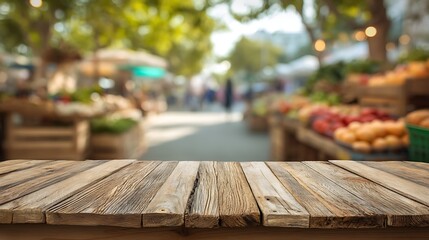 Poster - Blurred outdoor farmers market background with an empty wooden table for product placement