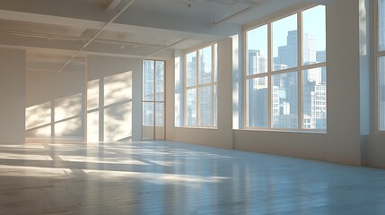 Aufkleber - Bright, empty room with large windows and natural light casting shadows in a modern space