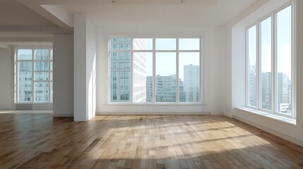 Aufkleber - Bright, empty room with wooden floor and large windows in a modern apartment during daytime