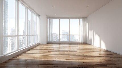 Aufkleber - Bright, empty room with wooden floor and large windows in a modern apartment during daytime