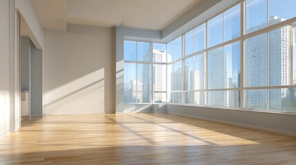 Aufkleber - Bright, empty room with wooden floor and large windows in a modern apartment during daytime