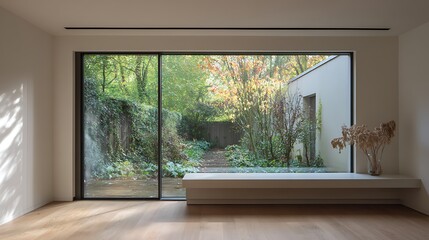 Aufkleber - Bright minimalist interior with a bench and large sliding door leading to a garden area