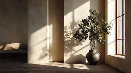 Aufkleber - Bright, minimalistic interior with sunlight casting shadows and decorative plant in a cozy setting