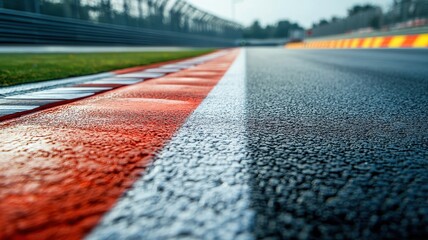 Wall Mural - close-up view of an empty f1 track showcasing the wet surface, racing lines, and clear boundaries, h