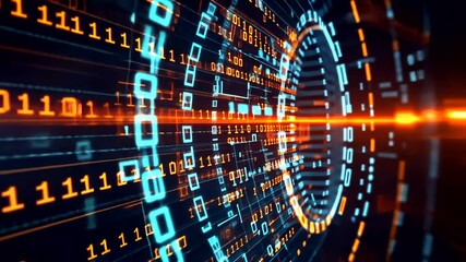 Glowing blue and orange binary code streams across a dark digital landscape, forming futuristic patterns and a central luminous pathway