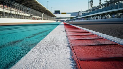 Wall Mural - a close-up view of an empty f1 track, showcasing the intricate details of the surface and lane marki