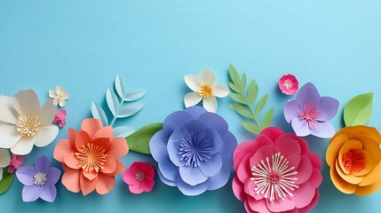 Poster - Colorful paper flowers in various shapes arranged on a soft blue background creating a cheerful spring ambiance