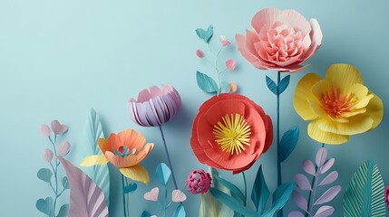 Poster - Colorful paper flowers in various shapes arranged on a soft blue background creating a cheerful spring ambiance