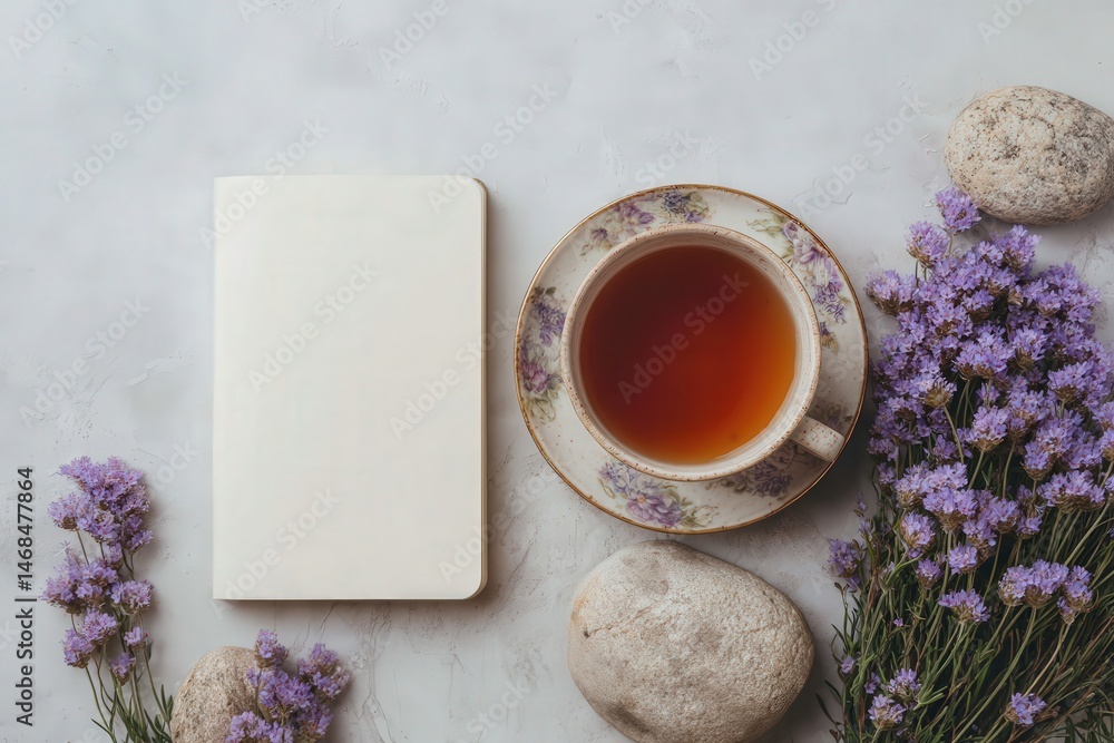 A serene setting features a cup of tea beside a blank notebook and sprigs of purple flowers. Smooth stones surround the arrangement, evoking a calm and creative moment.