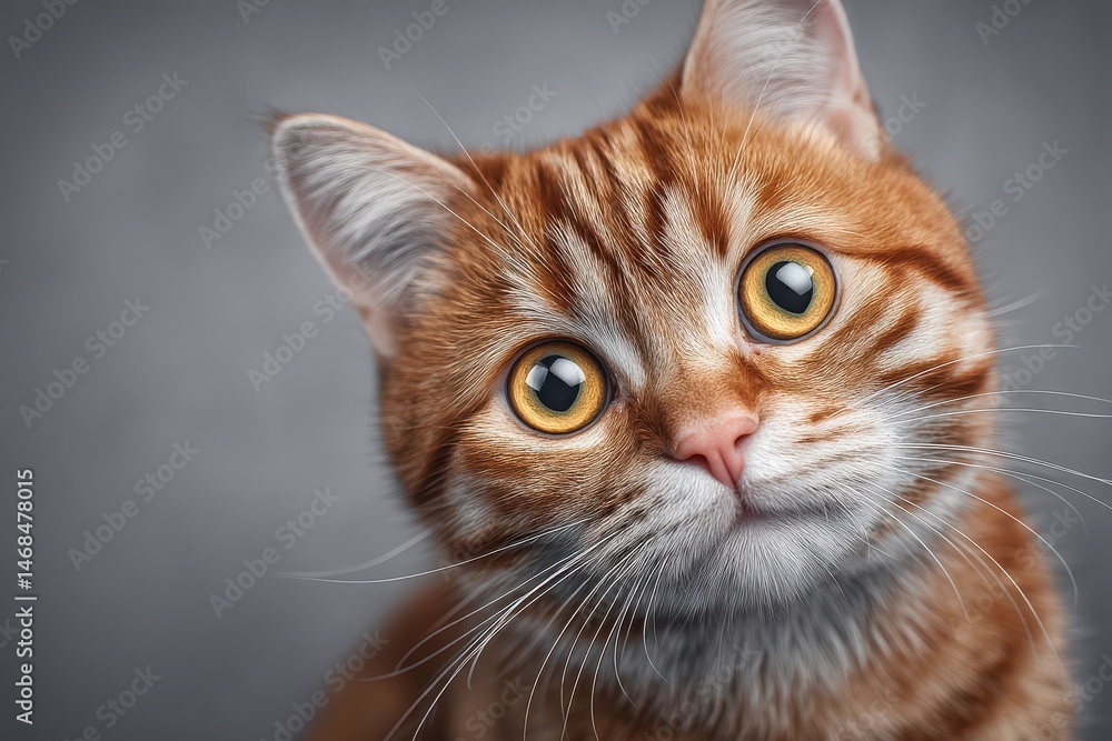 A ginger cat with large, expressive eyes sits attentively while looking directly at the camera. The warm colors of its fur contrast beautifully with the neutral background, creating an engaging image.