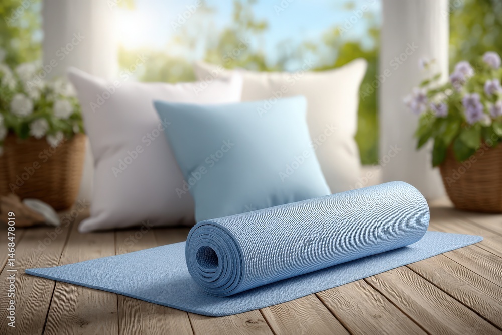 A blue yoga mat is rolled out on a wooden floor, surrounded by plush pillows and flower pots. Natural light floods the calm indoor space, creating a peaceful atmosphere for relaxation and practice.