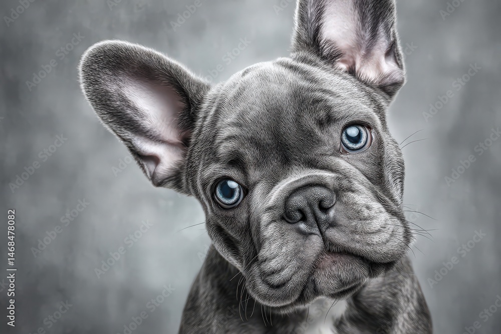 A cute French bulldog is pictured with large, expressive eyes and prominent ears.