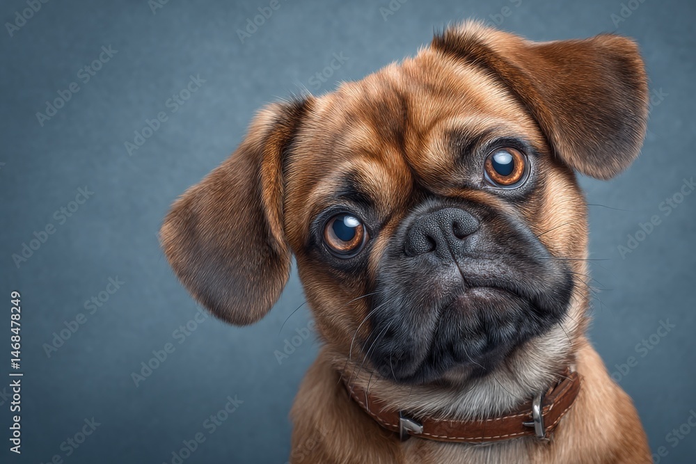 A pug with soft fur and large, curious eyes looks directly at the viewer. The dog sits against a solid blue background, displaying its charming expression and playful demeanor.