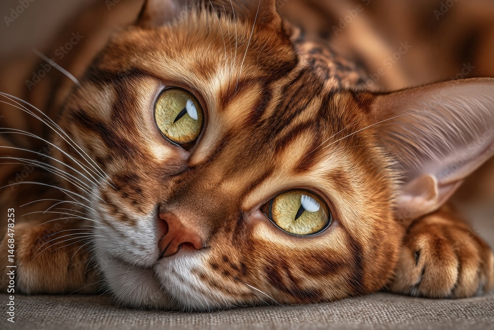 A beautiful Bengal cat is lying down comfortably on a plush surface with its striking green eyes wide open. The warm tones of its fur blend with the cozy environment, creating an inviting atmosphere.