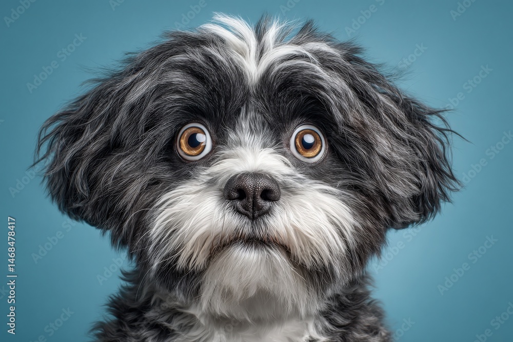 A small dog with curly black and white fur gazes curiously at the viewer.