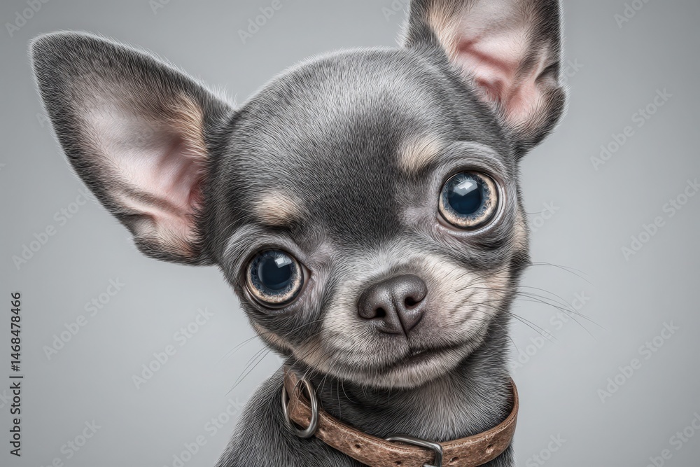 A small Chihuahua puppy with soft, grey fur and oversized, expressive eyes gazes curiously at the viewer. It wears a stylish collar, showcasing its adorable features in a neutral background.