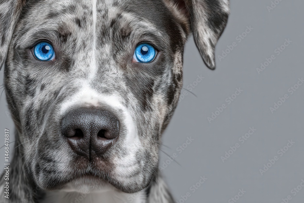 This captivating dog features a mix of gray and white fur and stunning blue eyes. It stands still, showcasing its expressive face against a plain gray backdrop.