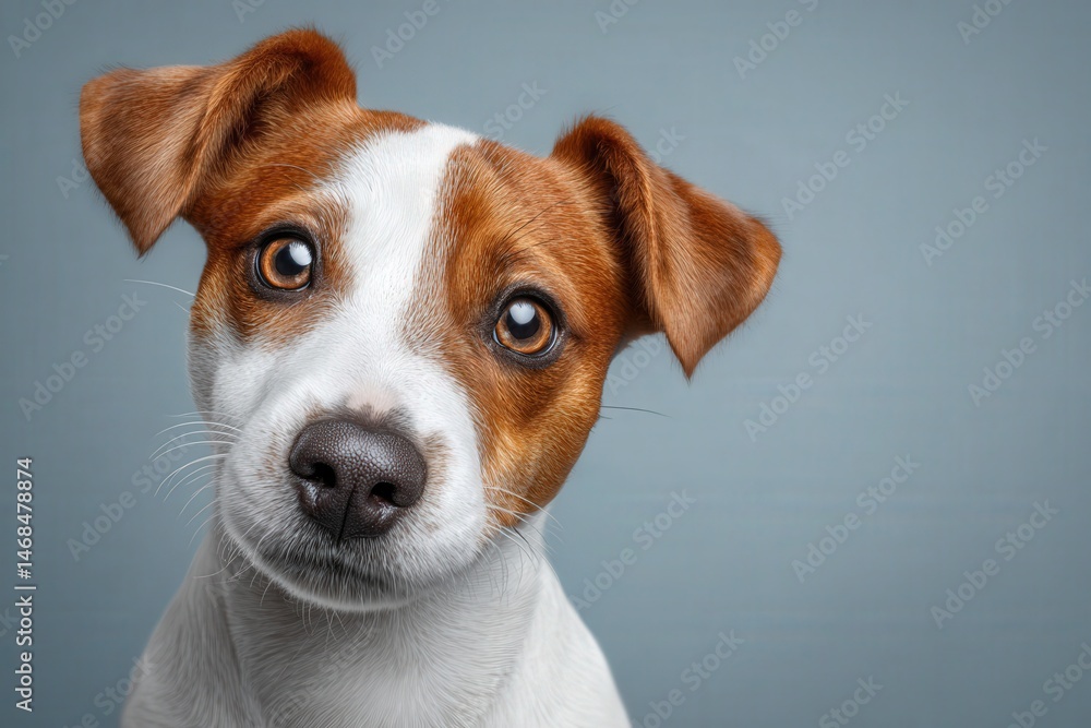 A curious dog with a mix of brown and white fur gazes directly at the viewer. Its large, expressive eyes reflect friendliness. The soft focus background highlights the dogs playful demeanor.