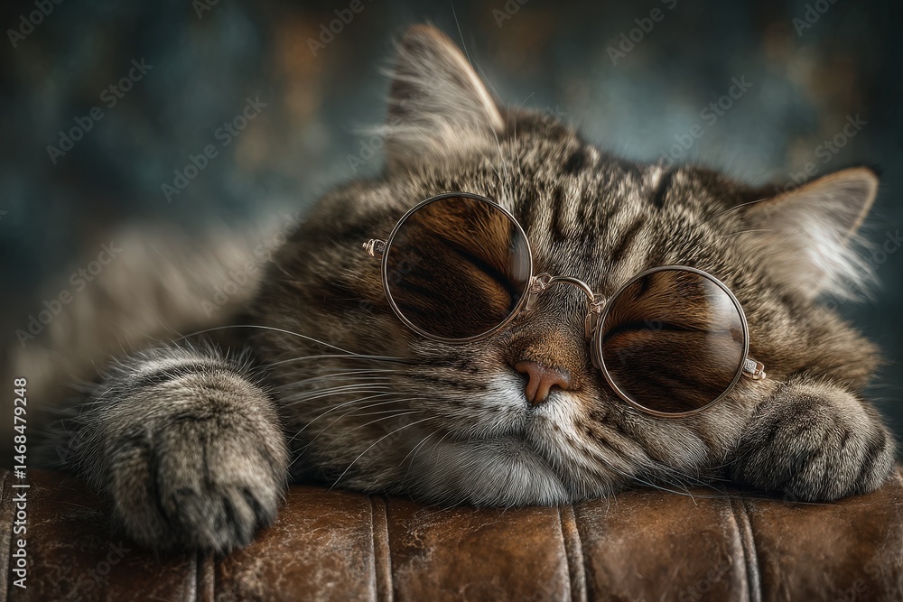 A fluffy cat with closed eyes rests comfortably on a brown surface. It wears round sunglasses, creating a relaxed and stylish atmosphere in a softly lit indoor space.
