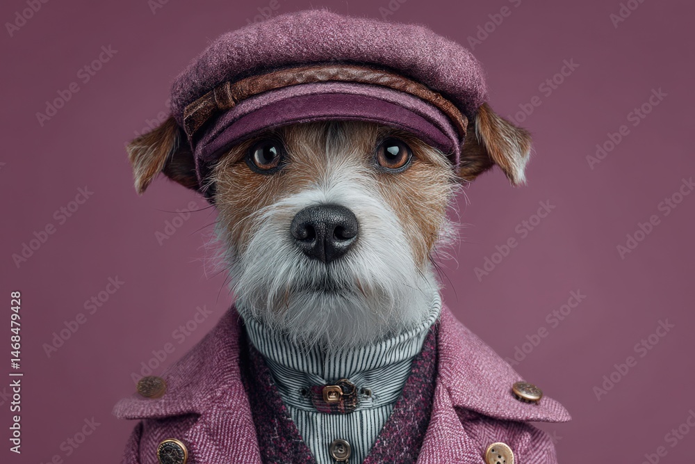 A stylish dog is dressed in a vintage outfit, complete with a tailored jacket and a fashionable cap. The dog gazes directly at the viewer with curious eyes, set against a pink background.