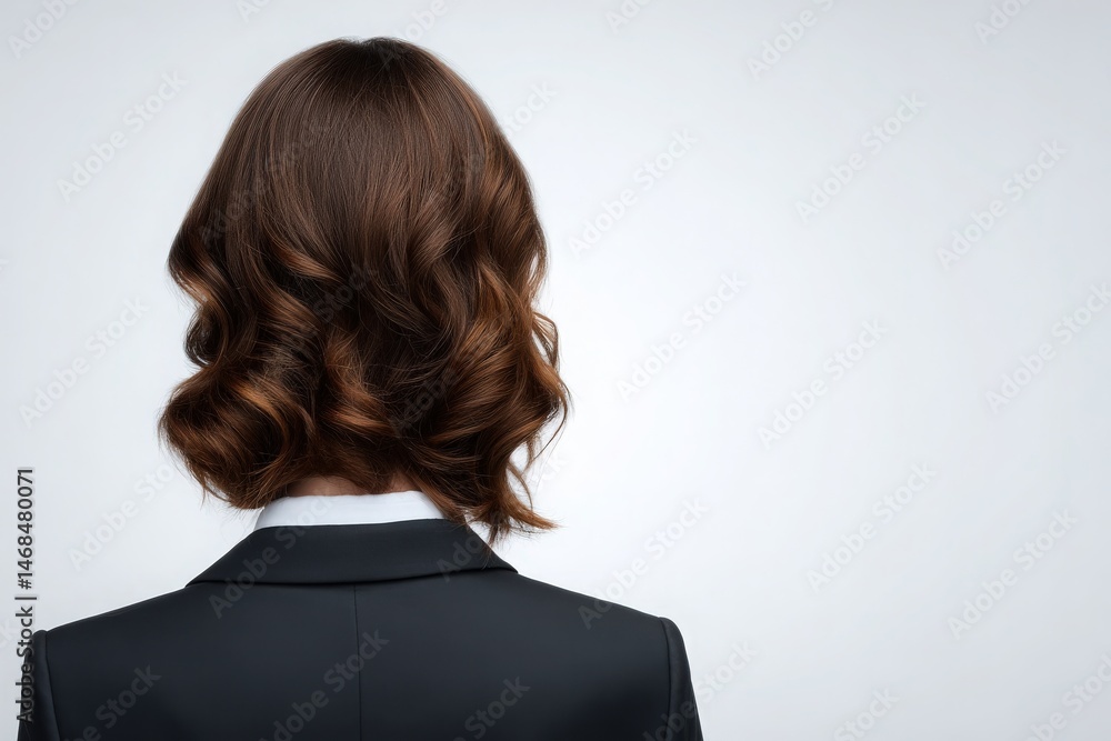 A woman is shown from the back, showcasing wavy brown hair styled elegantly. She wears a dark suit with a white collar.