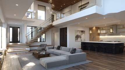 Aufkleber - Contemporary modern home, interior living room, entrance stairs, high ceiling, kitchen open