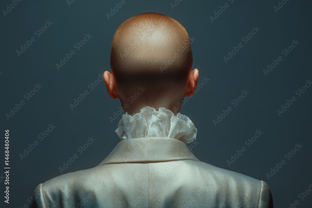 A bald figure stands with their back to the viewer, wearing an elegant suit and an elaborate white collar.