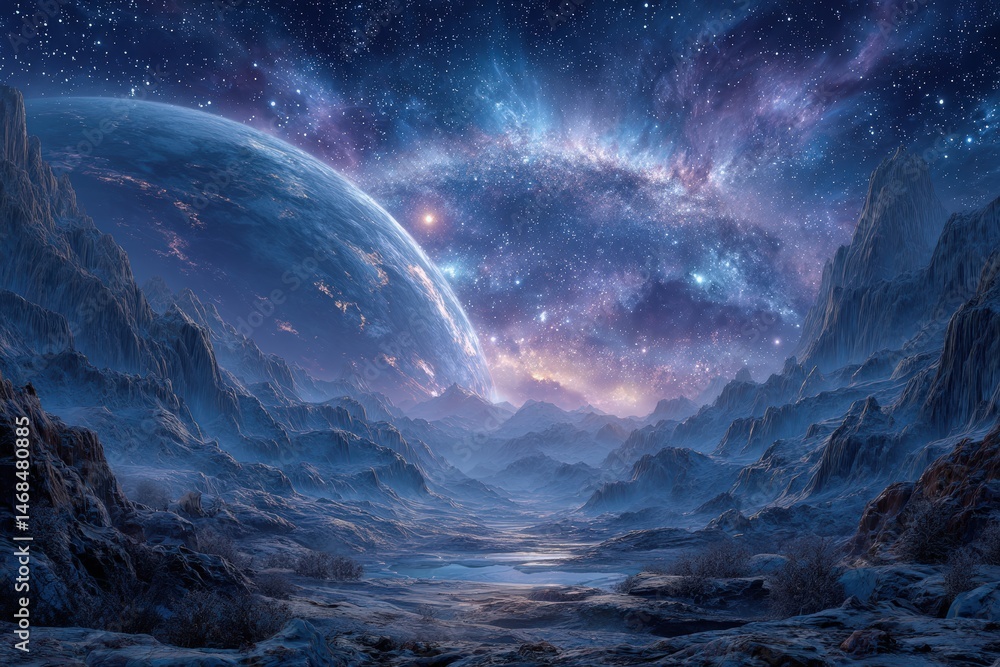 A breathtaking cosmic landscape featuring jagged mountains bathed in blue light.