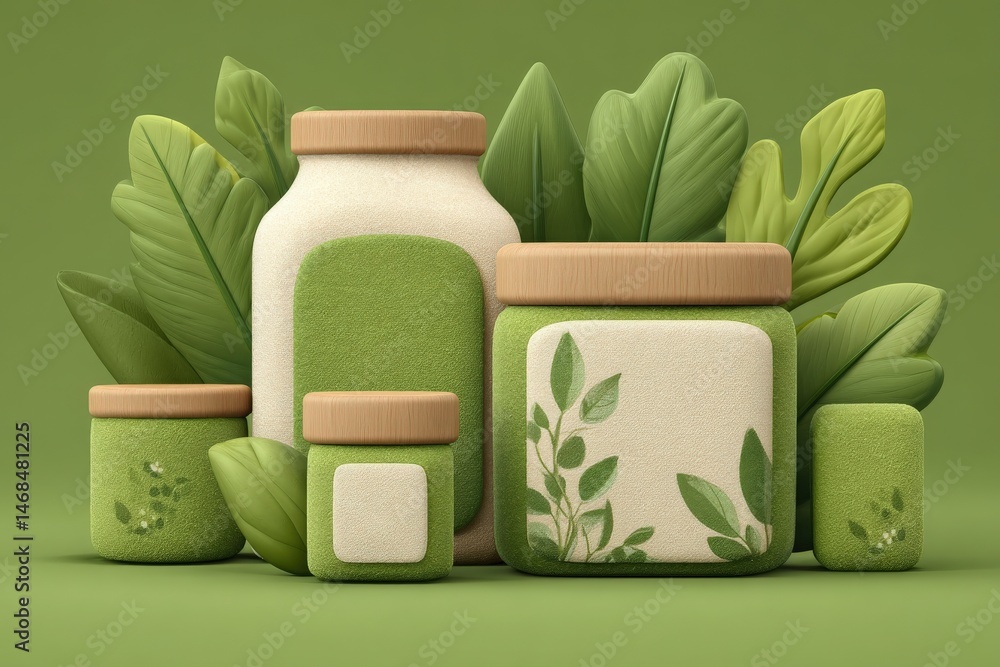 Various green decorative containers with wooden lids are arranged among leafy plants on a soft green background. The scene promotes a calm and natural atmosphere.