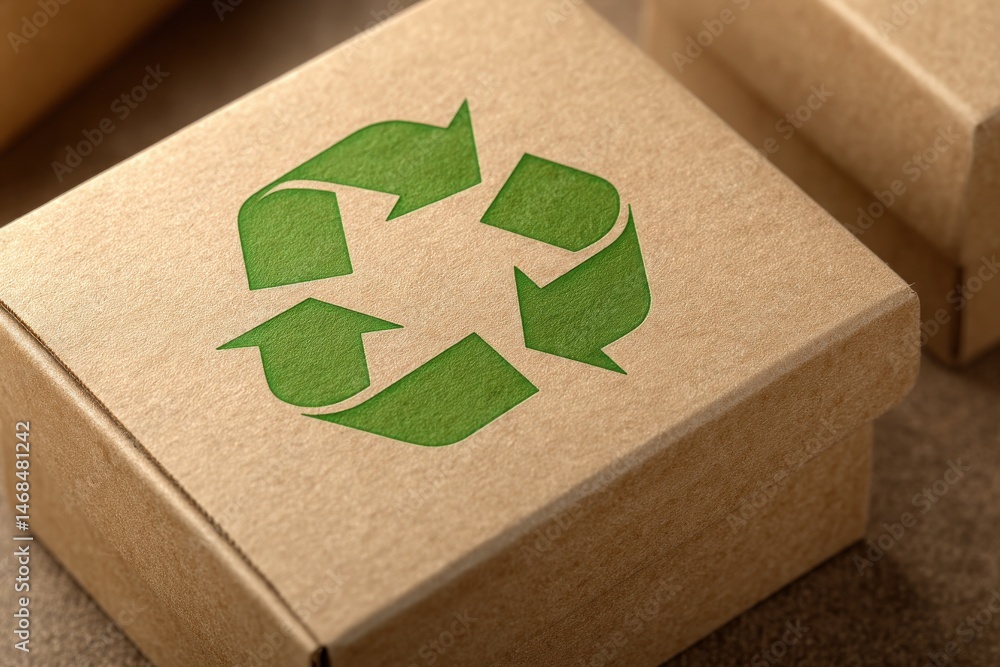 Several cardboard boxes featuring a green recycling symbol are displayed on a surface. The boxes emphasize sustainable packaging practices, showcasing a commitment to environmental awareness.