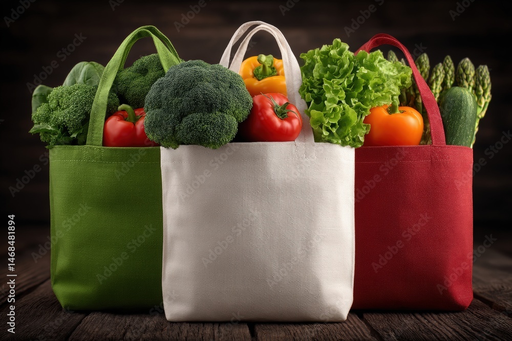 Colorful reusable bags filled with fresh vegetables and fruits are arranged on a rustic wooden table.