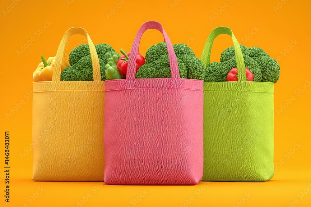 Three vibrant tote bags in yellow, pink, and green are filled with an assortment of fresh vegetables, including broccoli and bell peppers, set against a bold orange background.