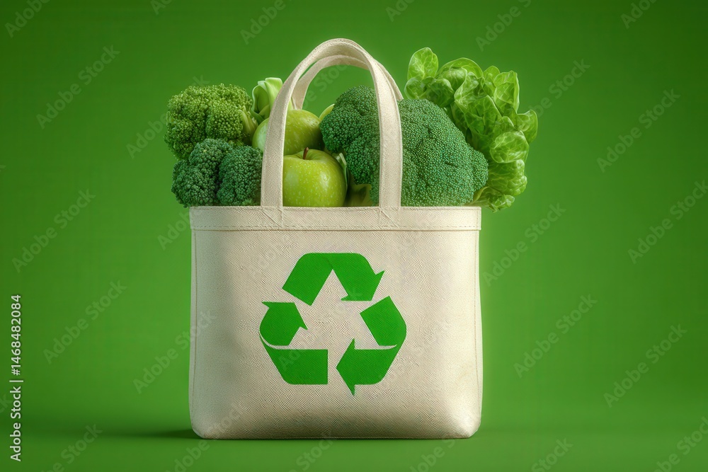 A reusable bag featuring a recycling symbol holds vibrant green broccoli, leafy lettuce, and fresh apples. The bright green background emphasizes the theme of sustainability and healthy living.