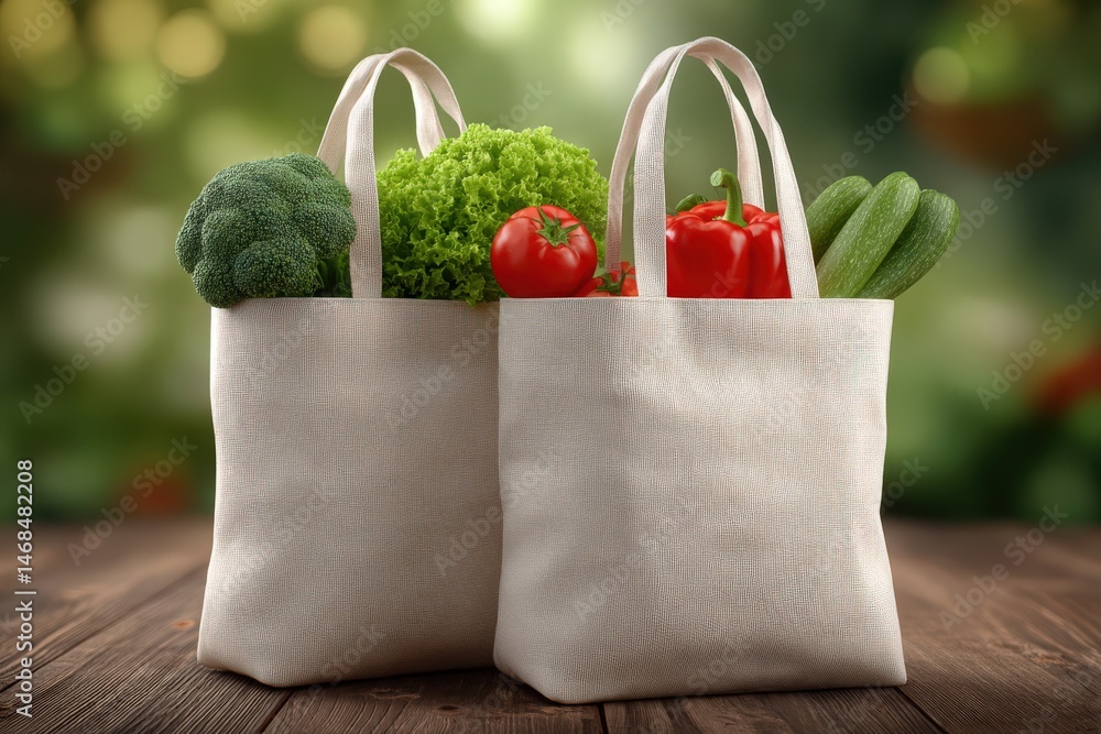 Two reusable bags filled with fresh vegetables, including broccoli, lettuce, tomatoes, and cucumbers, sit on a wooden table surrounded by a lush garden backdrop.