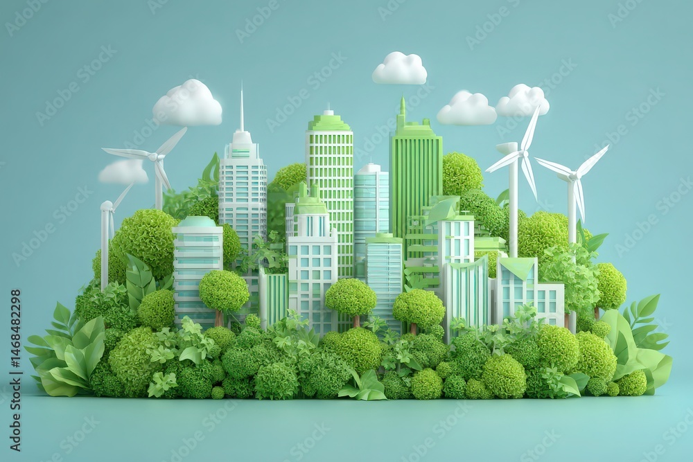 A vibrant cityscape showcases a modern skyline with tall buildings, surrounded by lush greenery. Wind turbines and clouds enhance the eco-friendly theme, highlighting sustainability.