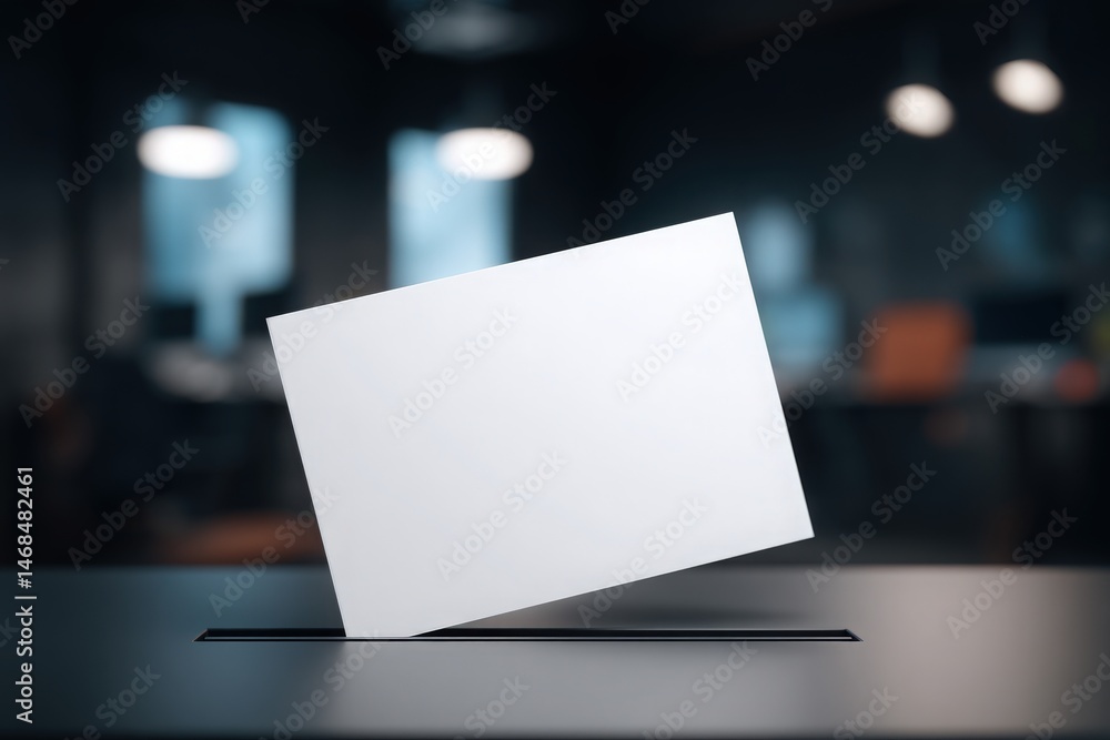 A blank voting card is falling into a ballot box, capturing the essence of civic duty. The context is a contemporary office with subtle lighting, suggesting an important election event.
