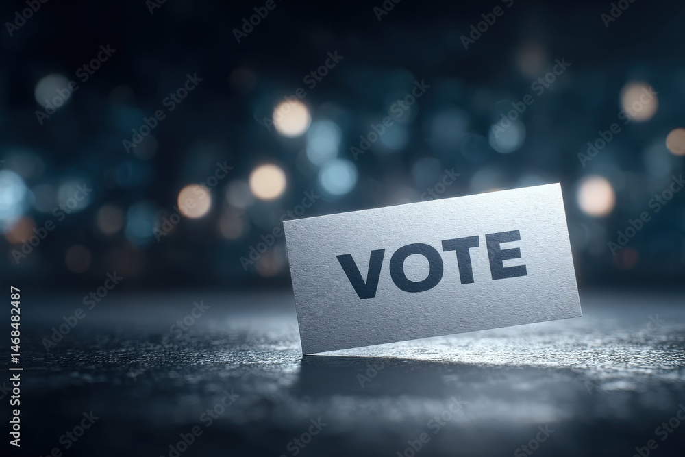 A clear vote sign stands upright on a textured surface, with a blurred background featuring soft lights. The setting captures a moment encouraging civic participation, ideal for promoting elections.