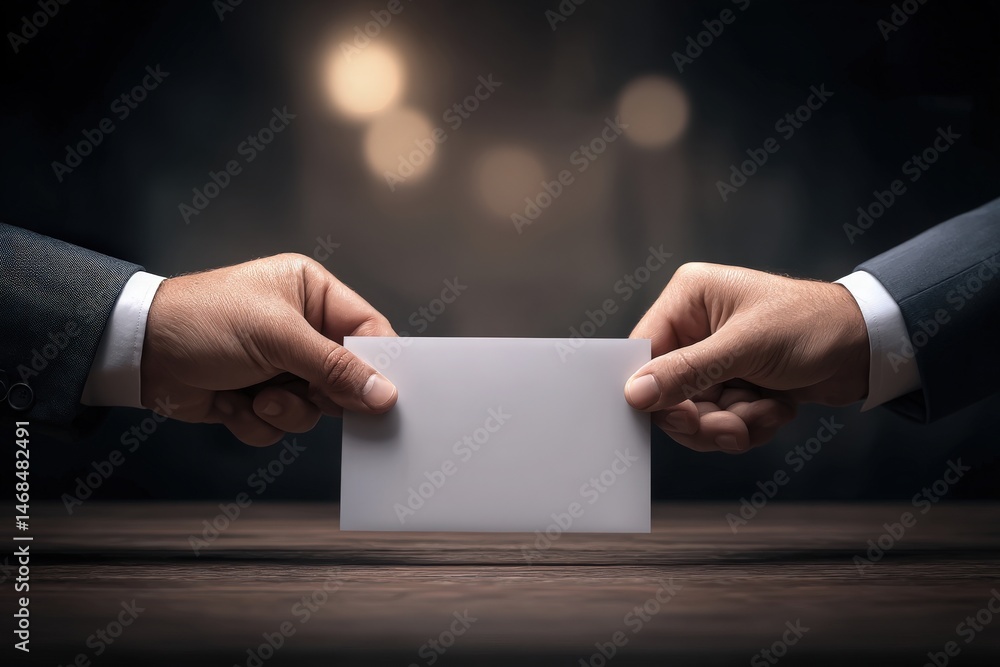 In a dimly lit environment, two hands extending from opposite sides reach out to exchange a blank envelope. The soft glow from background creates a mysterious and serious atmosphere.