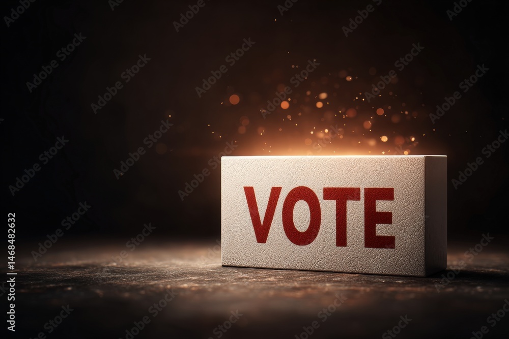 A block with the word VOTE in bold red letters is illuminated from behind, casting a glow against a dark background. This symbolizes the importance of participation in elections.