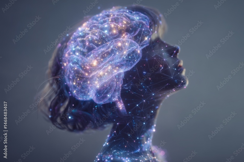 A profile view of a human head is filled with shimmering lights, representing a brain made of stars and connections. This artistic depiction symbolizes intelligence and creativity.