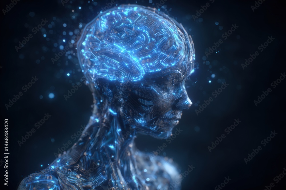 A detailed depiction of a transparent human head filled with luminous circuitry, representing a brain. The glowing elements create a captivating visual effect against a dark background.