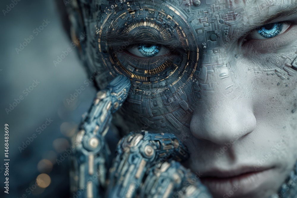 A humanoid figure with intricate robotic skin and a highly detailed eye displays a unique blend of technology and humanity. The environment is dimly lit, enhancing the futuristic vibe.