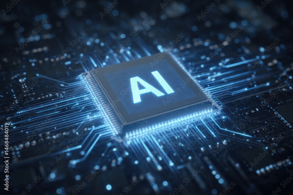 A close-up view of a circuit board with a prominently displayed AI chip, illuminated in blue. Surrounding the chip are numerous interconnected electronic pathways, highlighting advanced technology.