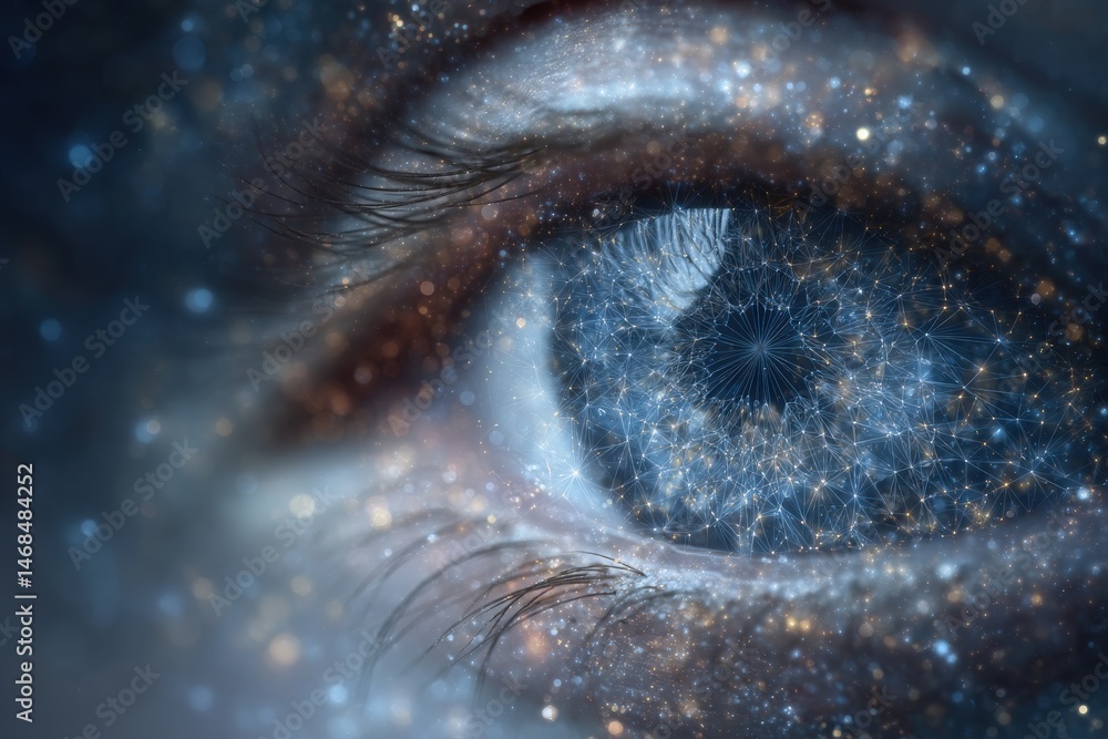 A close-up view of an eye displaying cosmic patterns and blue tones, revealing the beauty of stars and galaxies. The design creates a sense of wonder and connection to the universe.