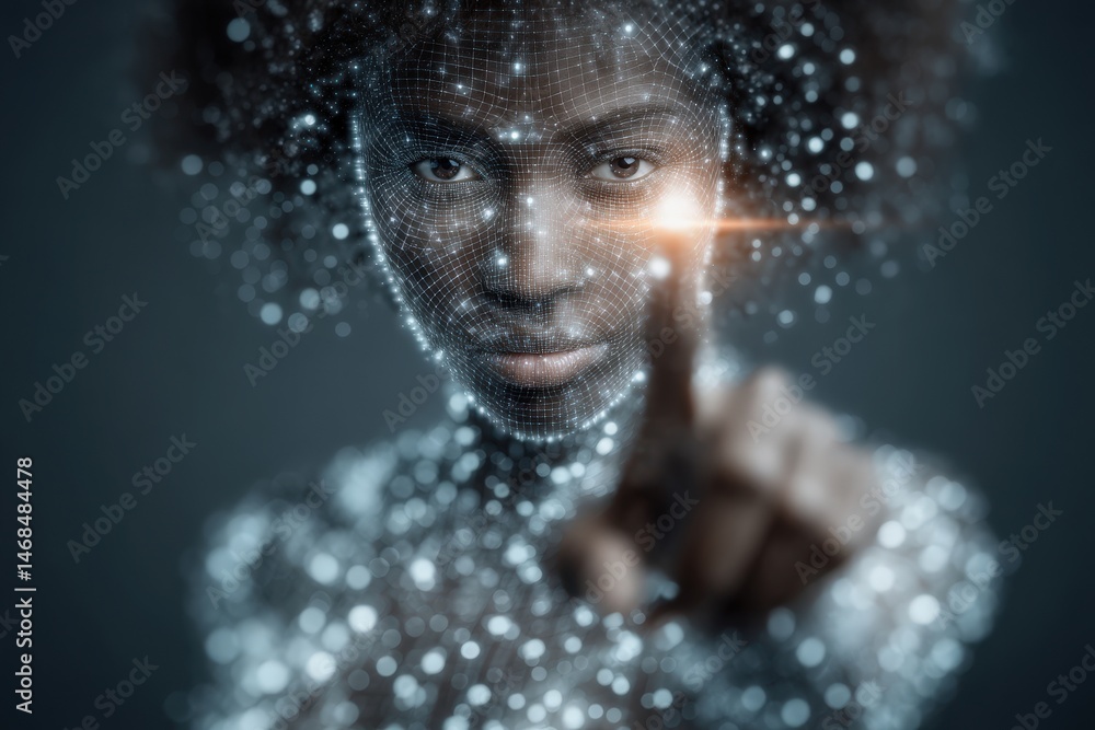 A woman with natural hair reaches out, touching a vibrant holographic interface. The scene conveys a blend of technology and human connection in a futuristic environment.